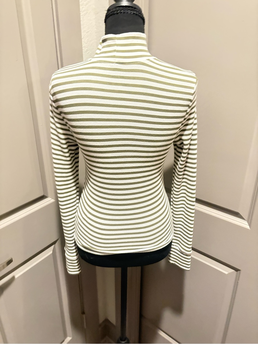 American Eagle Outfitters Olive Green & White Striped Turtleneck - Picture 2 of 4